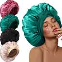 3Pcs Bonnets for Sleeping, Extra Satin Silk Bonnet for Sleeping Women with Tie Band for Curly Hair Jumbo Bonnet Braids (A12-Black+Champagne+Peacock Blue+Hunter Green)