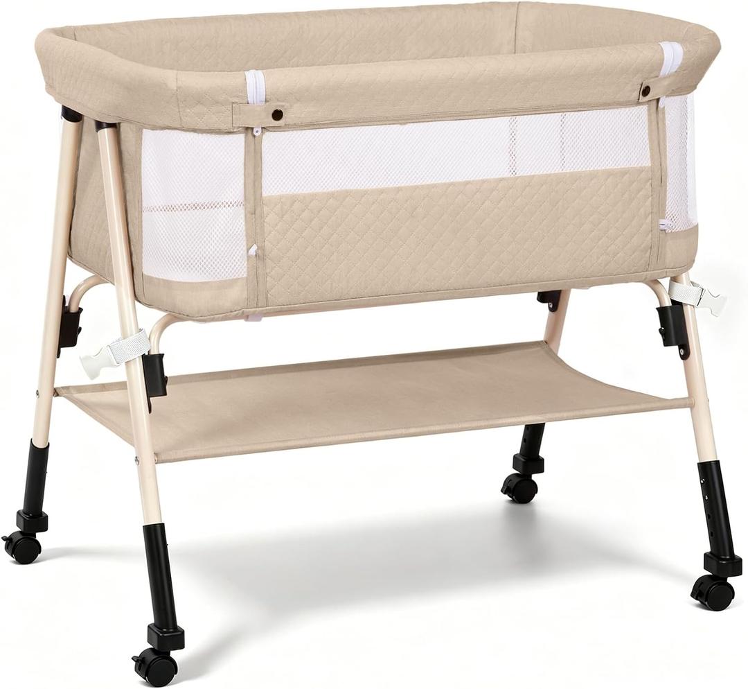 3-in-1 Baby Bassinet Bedside Sleeper for Newborn, Baby Crib Beige | Bedside Bassinet with Breathable Mesh, Portable, 4- Adjustable Height, Mattress, Storage Basket & Lockable Wheels, CPSC
