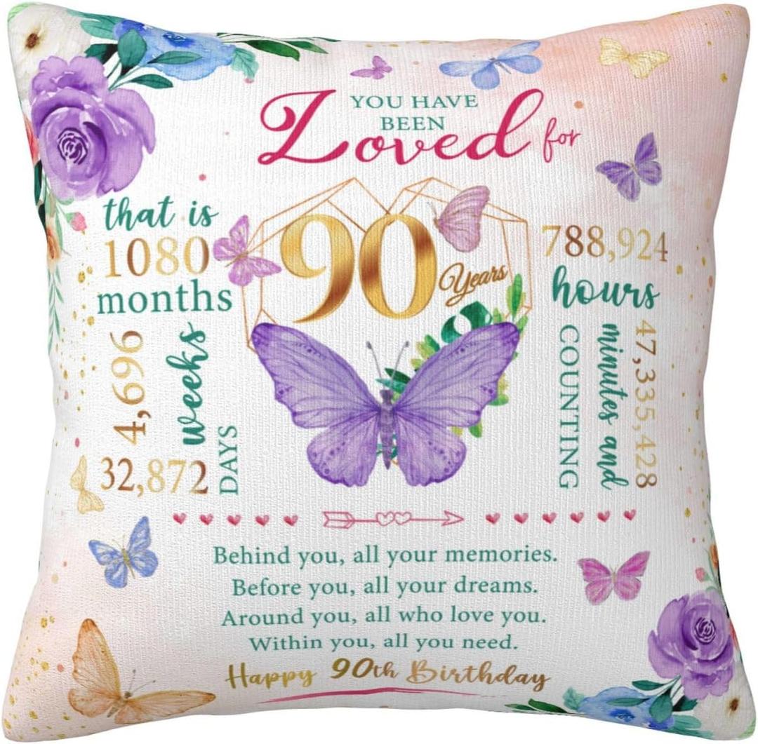 90th Birthday Gifts for Women, 90th Birthday Decorations for Women, Gift for 90 Year Old Woman, 90 Year Old Birthday Gift for Woman, 90 Party Favors Throw Pillow Covers 18 x 18 Inch