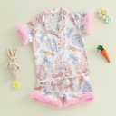 Ayalinggo Baby Girl Easter Pajamas Toddler Kids Egg Bunny Pjs Feather Trim Satin Sleepwear Nightgown Button Down Shorts Set (Pink Floral Feather, 9-10 Years)