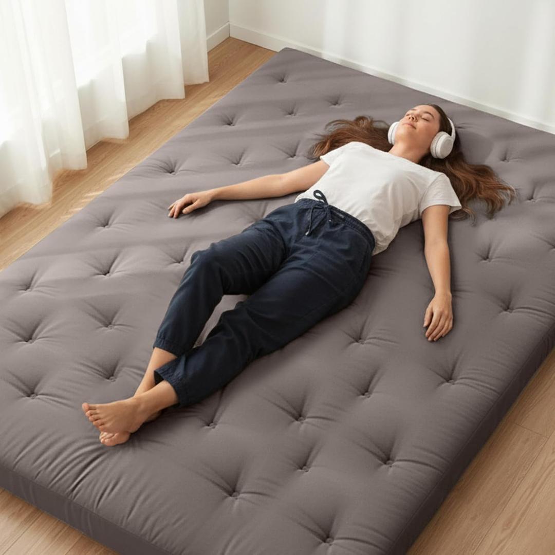 ZonLi Japanese Floor Futon Mattress 100% Cotton Cover Foldable Portable, Queen