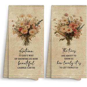 Christian Floral Kitchen Towels Decorative 16x24 Set of 2, Bible Verse Dish Towels Cloths Dishcloths Tea Towel Gifts for Christian Women, Vintage Fall Bathroom Kitchen Hand Towel Decor (Beige Flower-3 (2pk))