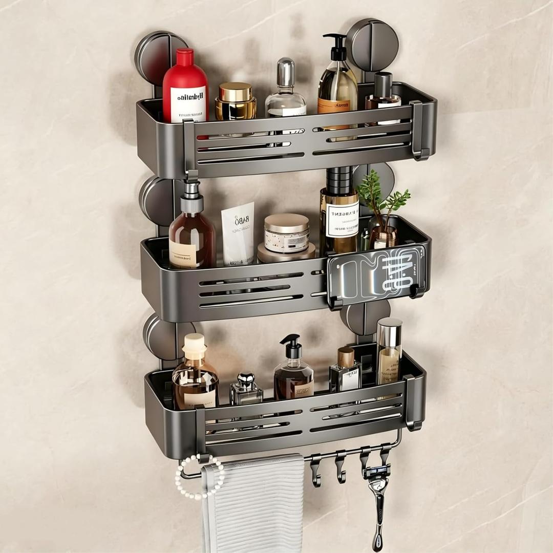 VOLPONE Shower Caddy Suction Cup No Drilling Suction Cup Shower Shelf Heavy Duty Bathroom Shower Organizer Storage Rack Adhesive with Towel Bar Hooks (3-Pack, Matte Gray)