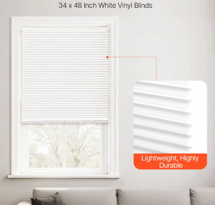 KFFKFF Cordless Mini Blinds, 34" W x 48" H, 1" Slats, Horizontal Light-Filtering Window Covering, Easy to Clean and Adjust, Ideal for Home Decor and Room Darkening, White