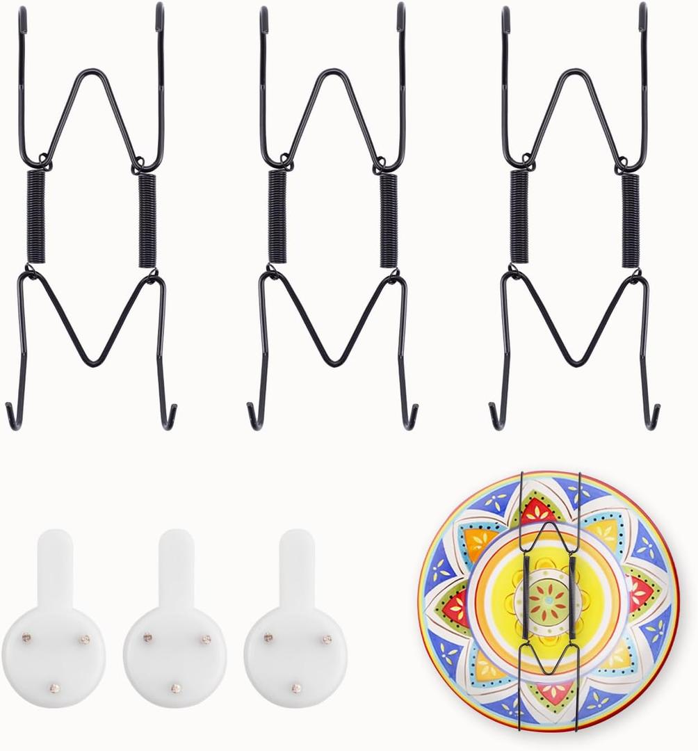 3 Pack Plate Hangers for Wall, Suitable for 4-5 inch Art Plate, Stainless Steel Invisible Heavy-Duty Wire Plate Holder with Wall Hooks, Display Hanger for Decorative Plates/Dishes/Platters(Black)