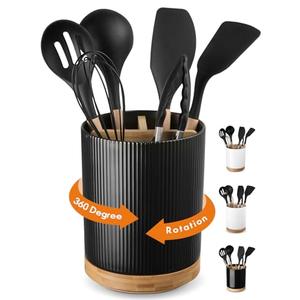 LoeJan 3 Compartment Utensil Holder, Extra Large Utensil Crock, Stable Ceramic Utensil Organizer, Cooking Tool Organizer Set for Kitchen Counter Farmhouse Decor (B-Black(Vertical Stripe))