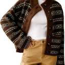 Arssm Womens Button Up Cardigan Sweater Crewneck Jacquard Knit Long Sleeve Color Block Cardigan Jackets (M, Brown)