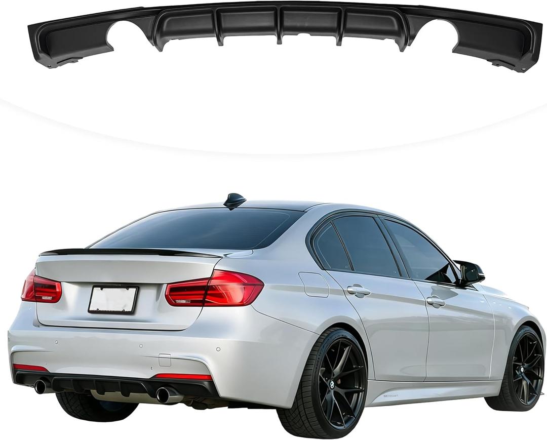 Rear Bumper Diffuser Compatible with 2012-2018 BMW 3 Series F30 F35 328i M-Performance Style Rear Bumper Lower Lip Diffuser Spoiler Double Exhausts One Outlet (Matte Black)