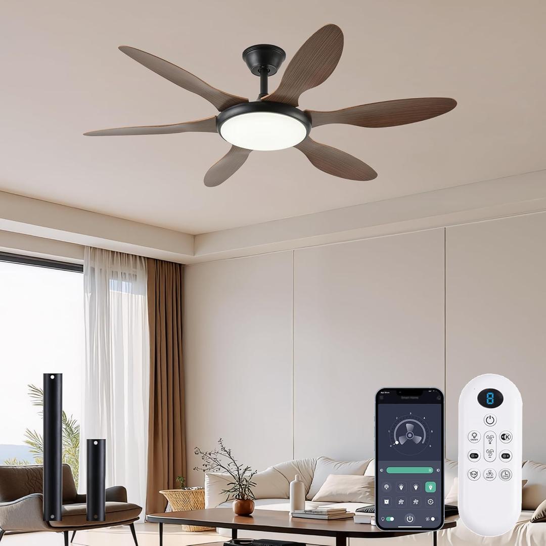 51 Inch Ceiling Fans with Lights, Downrod Ceiling Fan with Light and Remote, 3CCT, LED Dimmable, Reversible DC Motor, Quiet Brown Ceiling Fans for Bedroom, Living Room, Kitchen, Outdoor Patios