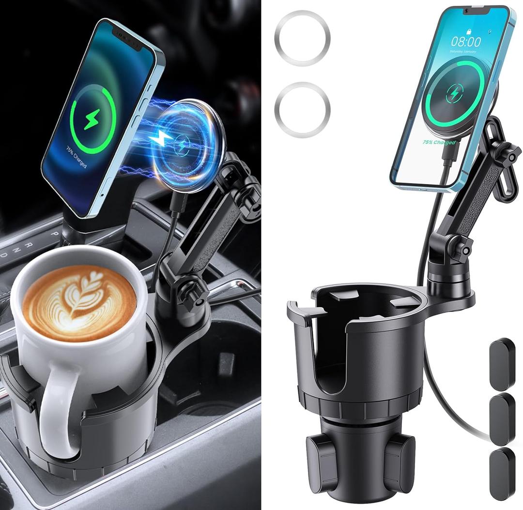Magnetic Wireless Cup Phone Holder for Magsafe Car Mount Charger 15W Fast Charging Cell Phone Stand with Expandable Base for iPhone 16 15 14 13 12 Series