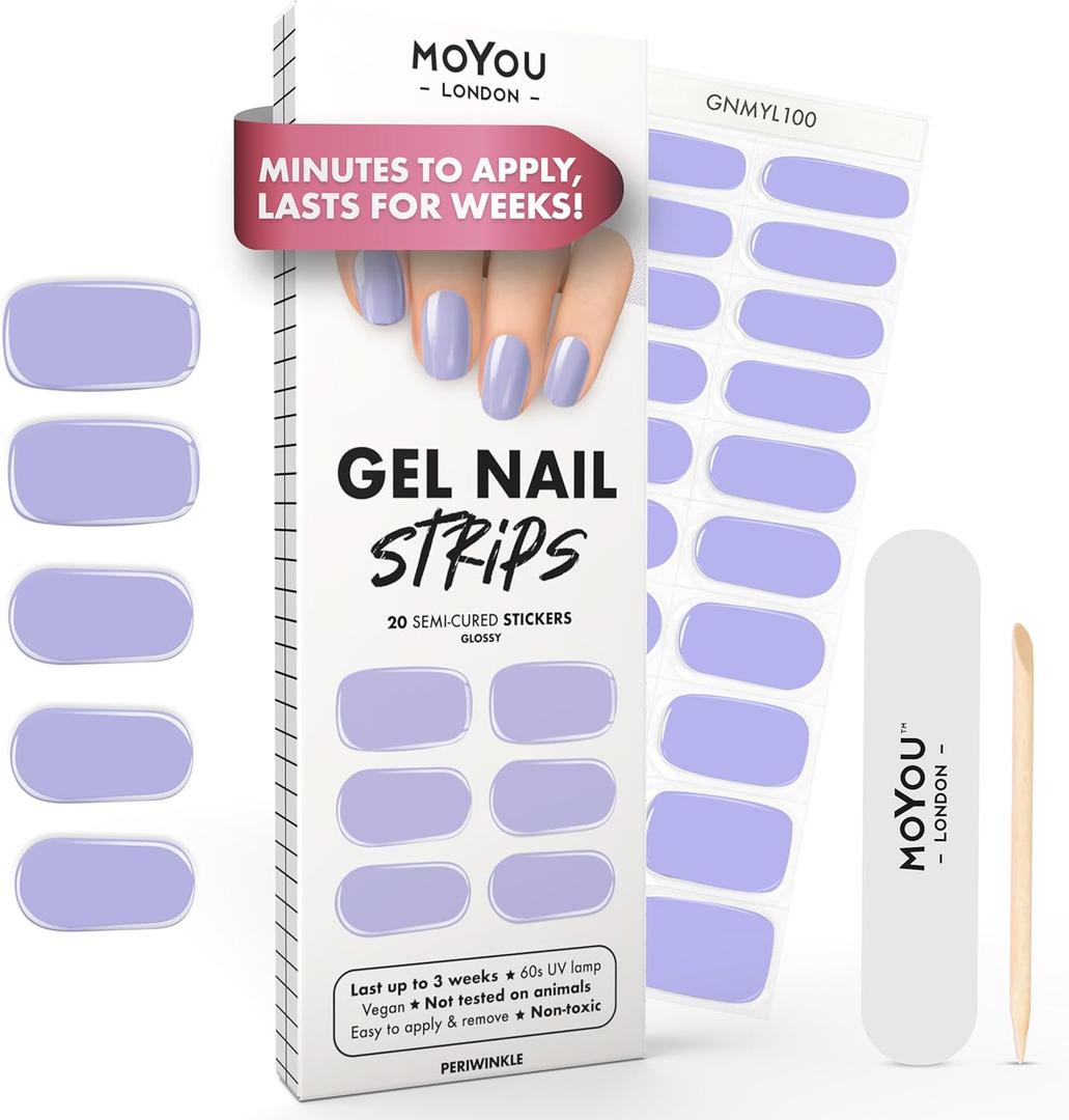 MOYOU LONDON Semi Cured Gel Nail Strips - 20 Pcs. Waterproof Gel Nail Wraps, Cures in Sunlight or UV/LED Lamp, Lasts Up to 2+ Weeks, Stretchable, Easy to Apply & Remove, Vegan & Cruelty-Free