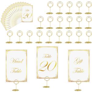 JOYIT 22 Sets Wedding Table Number 1-20 and 2 crad for gift table and head table, with 22 Pcs Table Holders, White Gold Table Number, 4" x 6" Table Numbers for Wedding Reception(22 Set/White Gold)