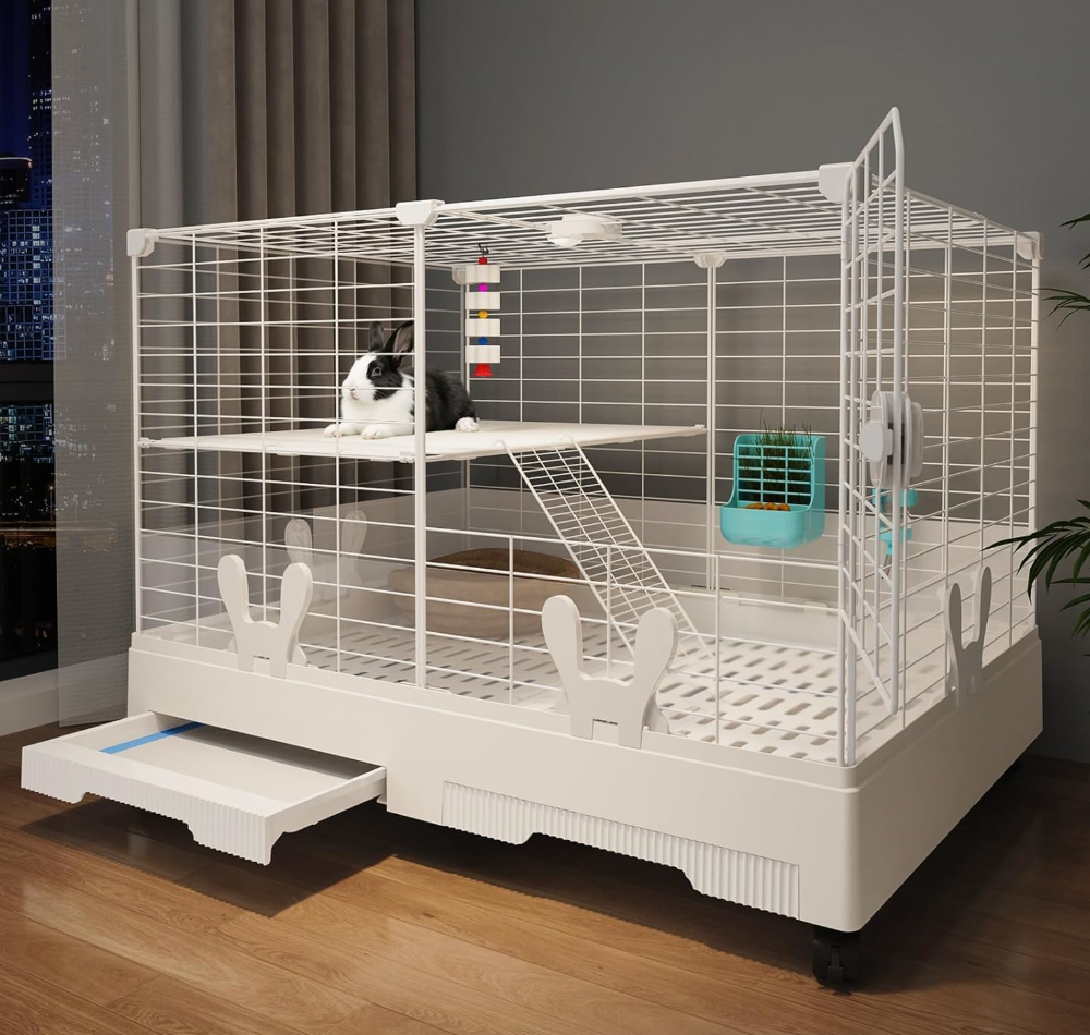 Oneluck Rabbit Cage Indoor,Loft Bunny Hutch with Urine-Proof Wall,Leak-Proof Trays, Wheels 28.7" L x 18.1" W x 25.6" H for Rabbits Chinchillas, Guinea Pig and Small Animal (Small)