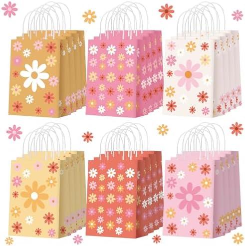Glenmal 24 Pcs Daisy Gift Bags Bulk Boho Floral Party Favors, Daisy Flower Goodie Bag with Handles for Spring Wedding Birthday Party Decorations Supplies, 6 Styles
