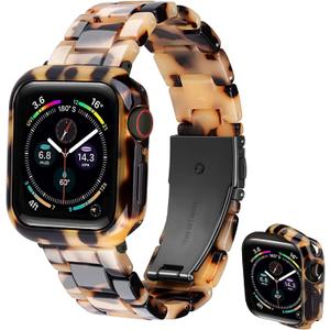 Band with Case Compatible with Apple Watch 49mm 46mm 45mm 44mm 42mm 41mm 40mm 38mm,Women Men Fashion Resin Strap Bumper for iWatch Ultra 3/2/1 Series 11 10 9 8 7 SE 6 5 4 3 2 1 (Black Grey Tortoise)