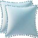 DEZENE Throw Pillow Cases 18x18 Light-Blue: 2 Pack Cozy Soft Pom-poms Velvet Square Decorative Pillow Covers for Farmhouse Home Decor