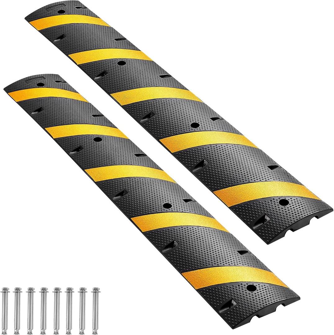 VEVOR 6FT Rubber Driveway Speed Bumps for Road-2PCS, Heavy Duty 2 Channel Modular Traffic Speed Humps, 22000 lbs/Axle Load Capacity, 72'' Cable Protector Ramp with Screws for Asphalt Concrete Gravel