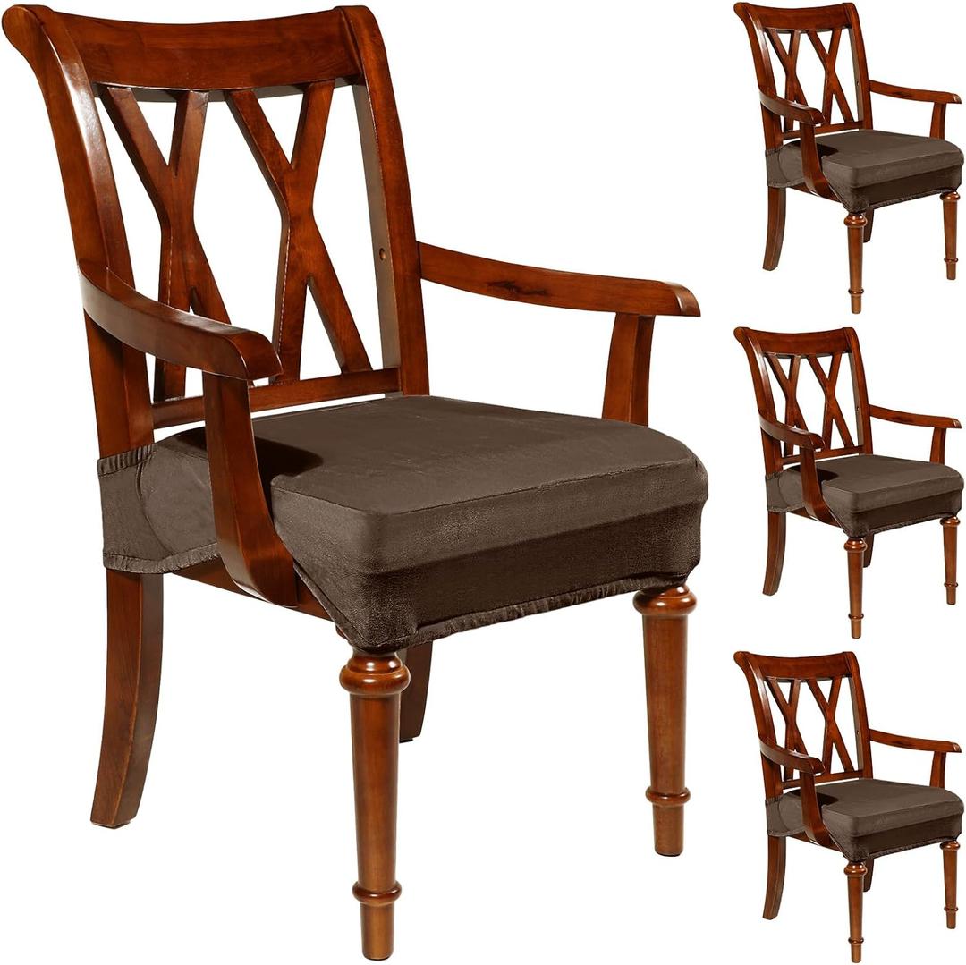 Havawish Large Dining Room Chair Seat Covers with Armrest Dining Chair Slip Covers Protectors(4 Pcs,Coffee) (Velvet)