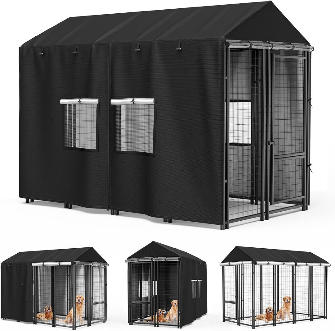 Outdoor Dog Kennel Cover 8'D x 4'W x 6'H Black Full Coverage with Transparent PVC Window and Breathable Mesh All-Weather Protection for Multiple Brands of Kennels Only Cover