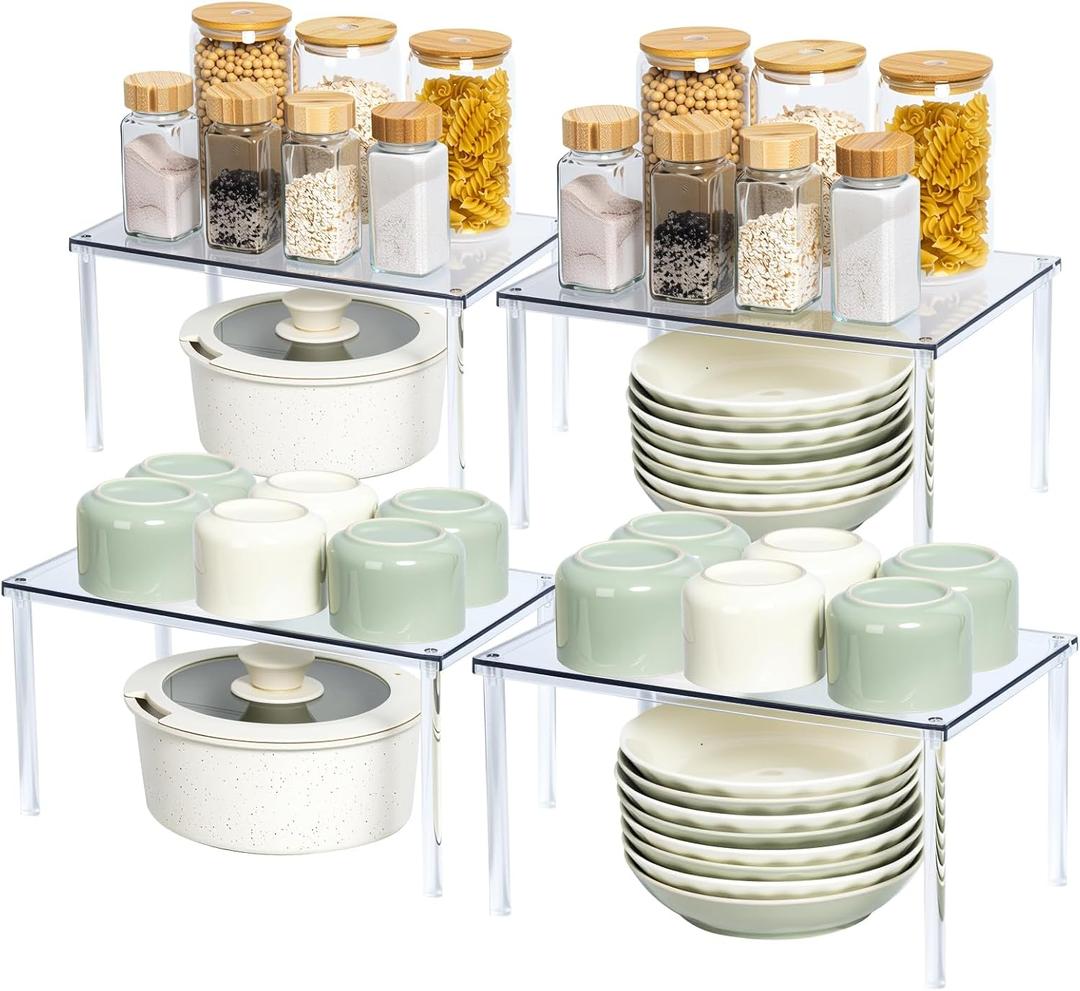 Bobomoment Acrylic Cabinet Organizer, Set of 4 Spice Rack Organizer for Cabinet, Desk Countertop Shelf Organizer, Pantry Kitchen Storage and Organization, Stackable Shelves House Essentials for Gift