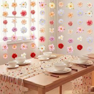 HunnmingRe 7 Pcs 5ft Artificial Flowers Garland Hanging Decorations & 10ft Spring Floral Table Runner Wedding Fake Rose Background Seasonal Wildflower Tulle Table Runner for Home Room Garden Arch