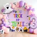 Trick or Three Party Decor Trick Or Three Banner Halloween Ghost Balloons for Pink Halloween Girl Third Birthday Party Decorations (Purple)