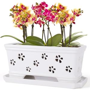 Orchid Pot with Holes and Saucer - 12*6.3*5.3Inch Ceramic Large Pot Basin for Refilling - Indoor and Outdoor Use - Air Circulation