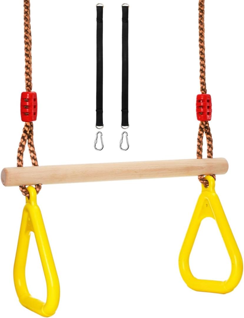 Covzoe Trapeze Bar, 16" Adjustable Height Wooden Swing Set, Trapeze Climbing Bar Assembly with Rings, Gym Hanging Accessories Playground Attachments