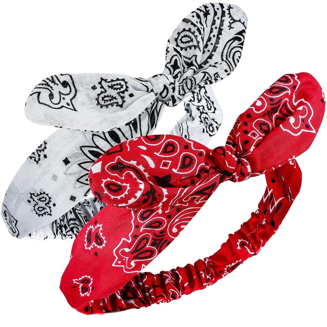 2 Pieces Bandana Headband for Women, Knot Retro Print Bandana Paisley Print Headband Adjustable Headwrap(Red, White)