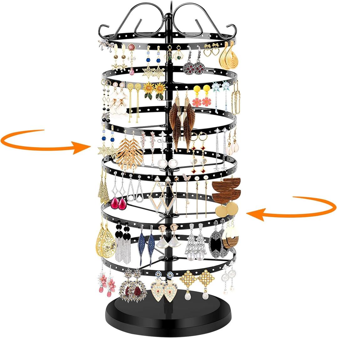 6 Tier Rotating Jewelry Organizer Stand, 230 Holes Earring Holder Organizer for Women Girls, Spinning Earring Tree with Ring Holder, Wide Base for Bracelets Watches Lipstick