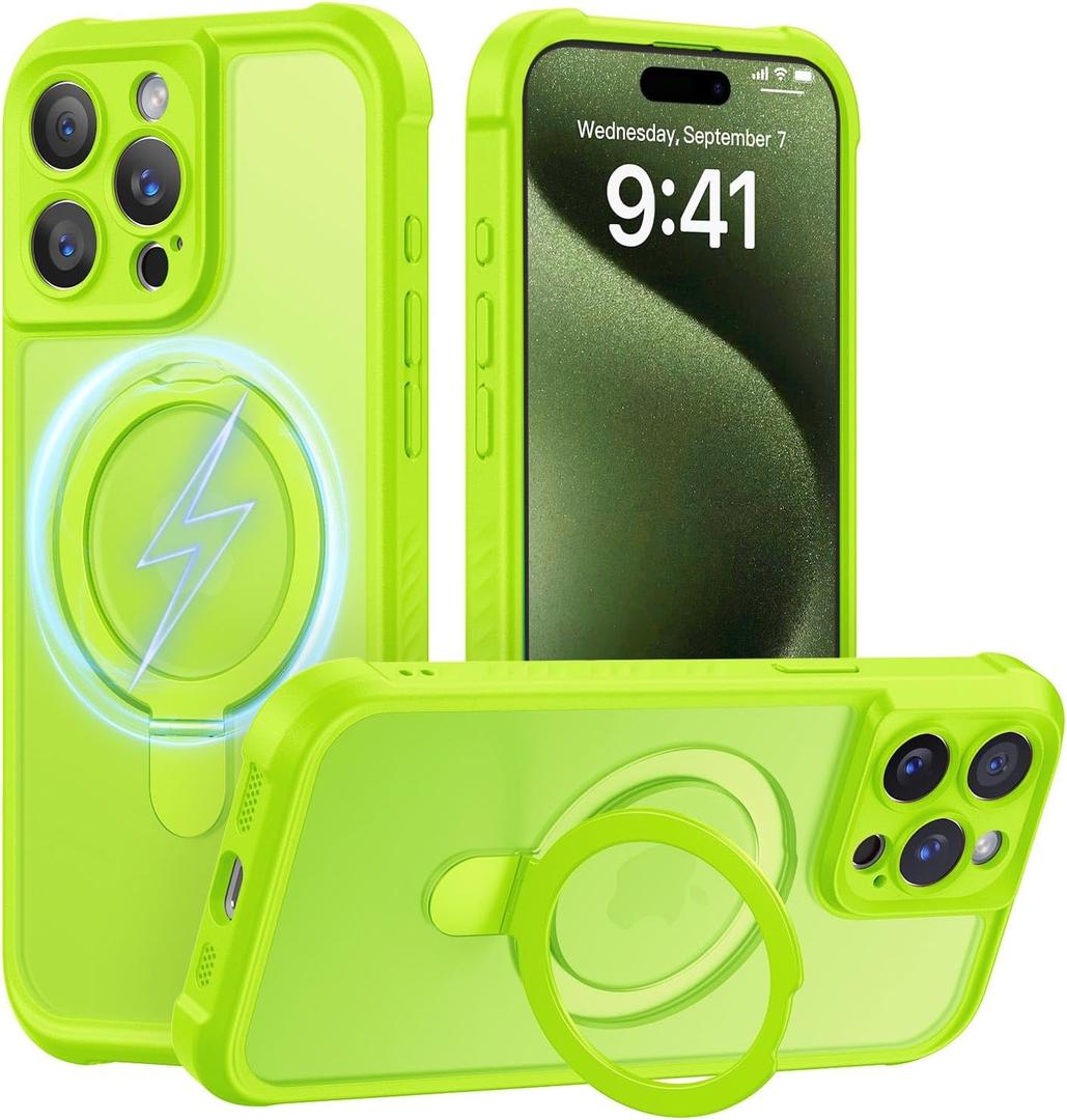 MOCCA Design for iPhone 15 Pro Case with Magnetic Invisible Stand [Full Camera Protection] [Compatible with Magsafe] Military Drop Shockproof Translucent Matte Phone Case Cover 6.1",Fluorescent Green