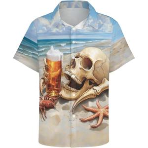 Mens Beer Skull Print Button Down Shirt Fun Hawaiian Shirts Casual Beach Shirt Short Sleeve (XXXL)
