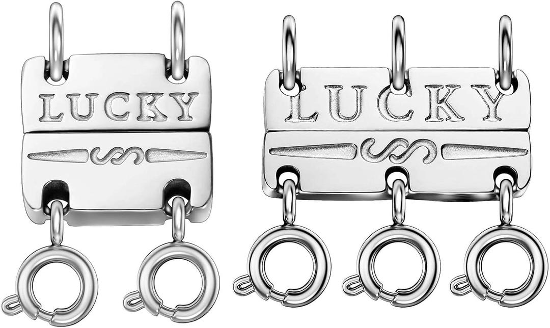Lucky Necklace Separator for Layering Strong Magnetic Clasps, 14K Gold and Silver Multiple Necklace Clasps for Layered Look (2Pcs Double Silver & Triple Silver)