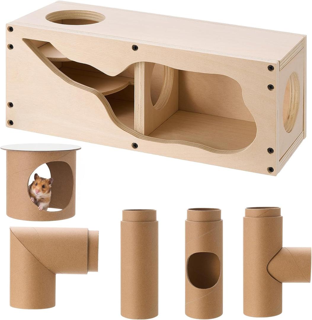 AceOrbit Hamster Tunnel Tubes and Wooden House Set, Composable DIY Hamster Tunnels and Hideout, Small Animal Tube for Mouse Gerbils Mice or Other Small Animals Habitat