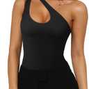 REORIA Women's Summer Sexy One Shoulder Cutout Front Sleeveless One Piece Tank Tops Backless Thong Bodysuits Leotards for Going Out Black, Small