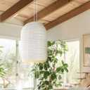 Plug in Pendant Light, 20 Inch Japandi Linen Hanging Lamp with 15.5 ft Cord, Boho Beige Fabric Pendant Light with E26 Socket for Bedroom Living Room Corner Apartment, Bulb Not Included