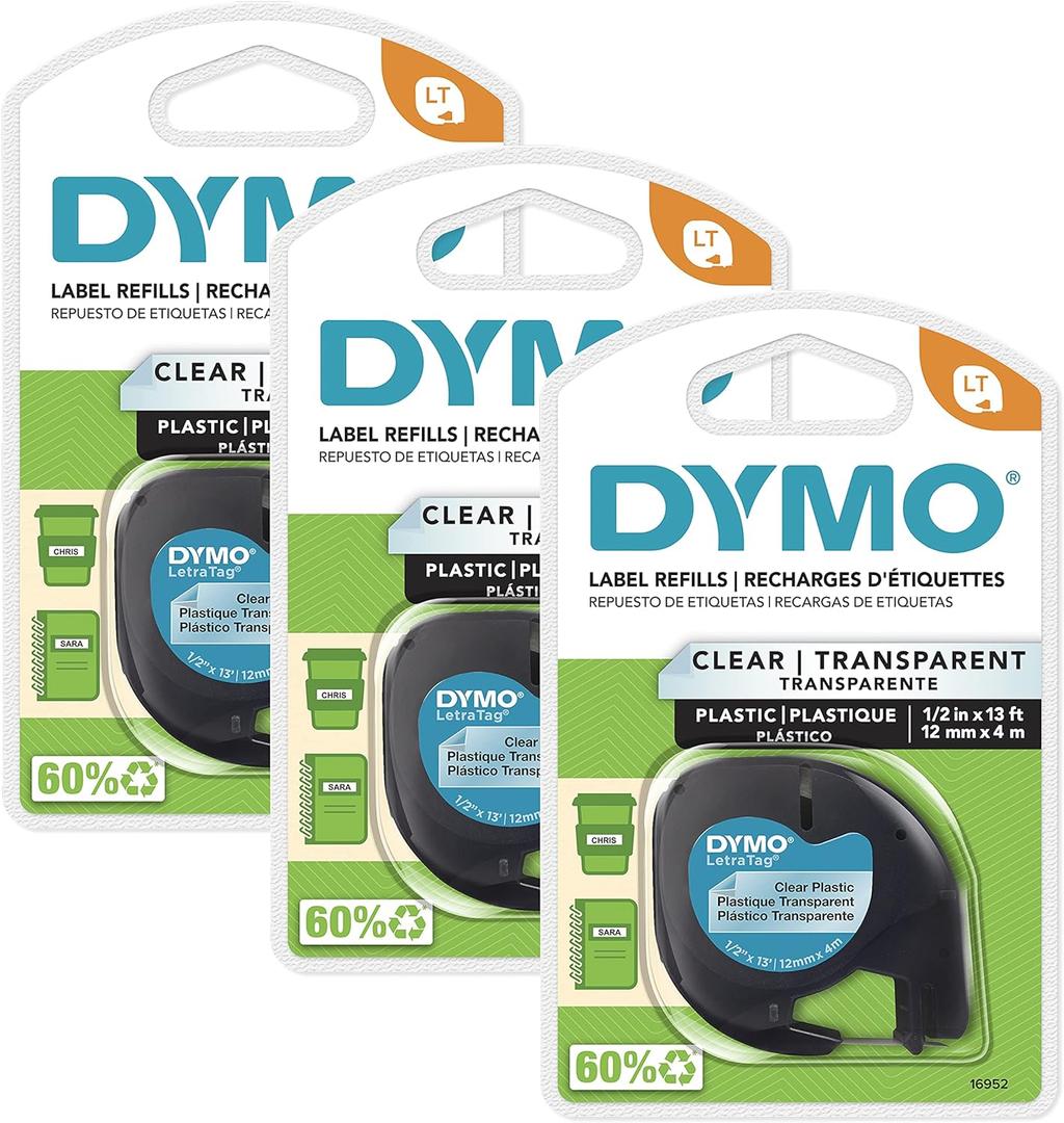 DYMO LT Labeling Tape for LetraTag Label Makers Black Print on Clear Labels 1/2" x 13-Foot Rolls 3 Count