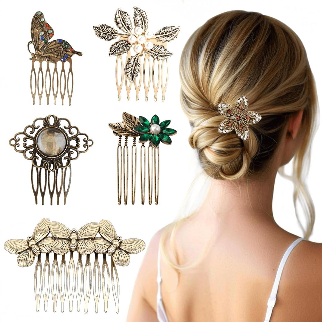 6 Pack Vintage Hair Side Combs for Women Decorative, Butterfly Flower Leaf Pearl Rhinestone Metal Hair Comb Tooth Clip with Teeth Grip Crystal Bridal Hair Piece Pins for Wedding Accessories