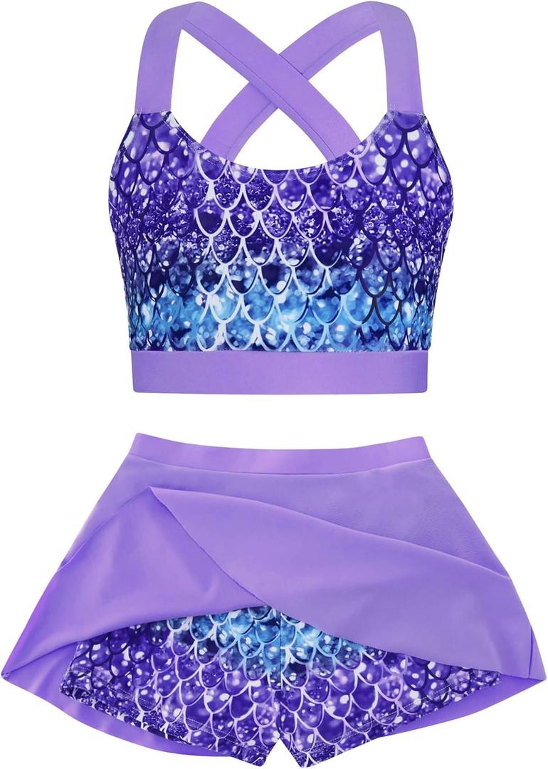 Cutemile Girls 2 Piece Tankini Swimsuit Summer Boyshort Bathing Suit with Beach Skirt Swimwear (16T, Purple)