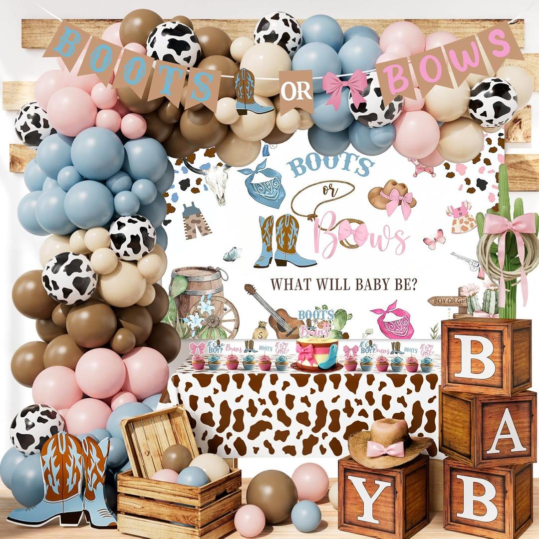 Boots or Bows Gender Reveal Decorations - 130Pcs Boy or Girl What Will Baby Be Gender Reveal Party Supplies Include Backdrop Balloon Garland Tablecloth Boots or Bows Banner Cake Cakecup Topper