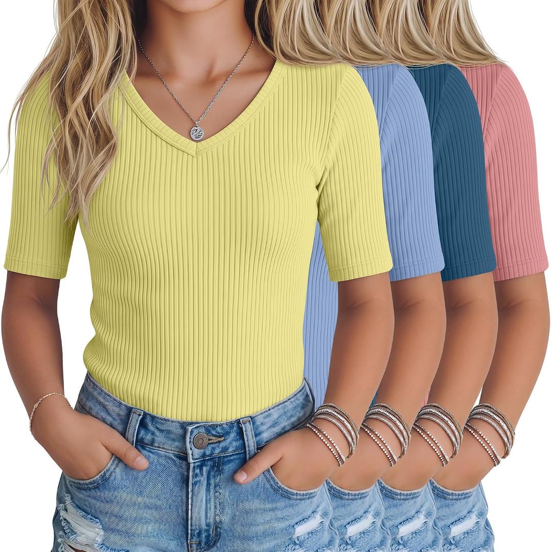 4 Pack Teen Girls T Shirts Kids Summer V Neck Tops Ribbed Basic Cute Tees Short Sleeve Clothes for Tween 5-14 Years