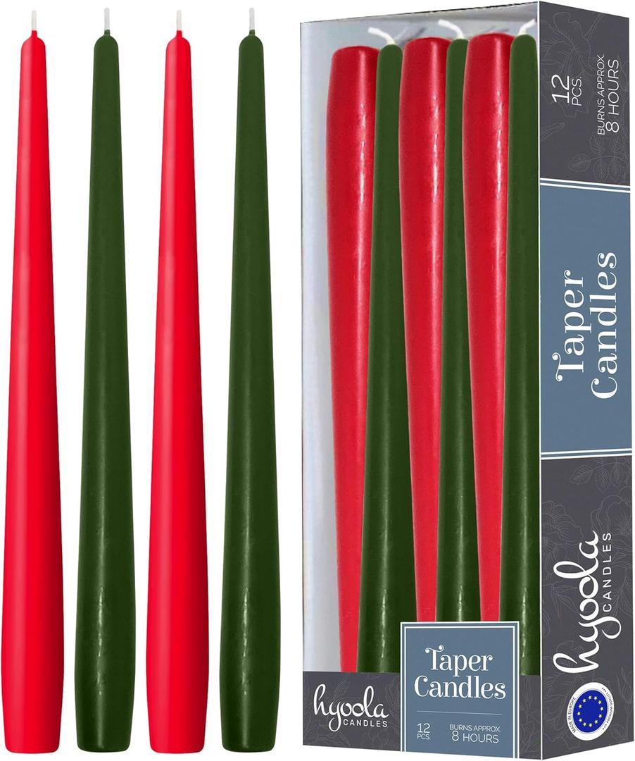 Hyoola Christmas Candles - Green and Red Taper Candles 10 Inch Dripless, 12 Pack Unscented Holiday Candles - European Made