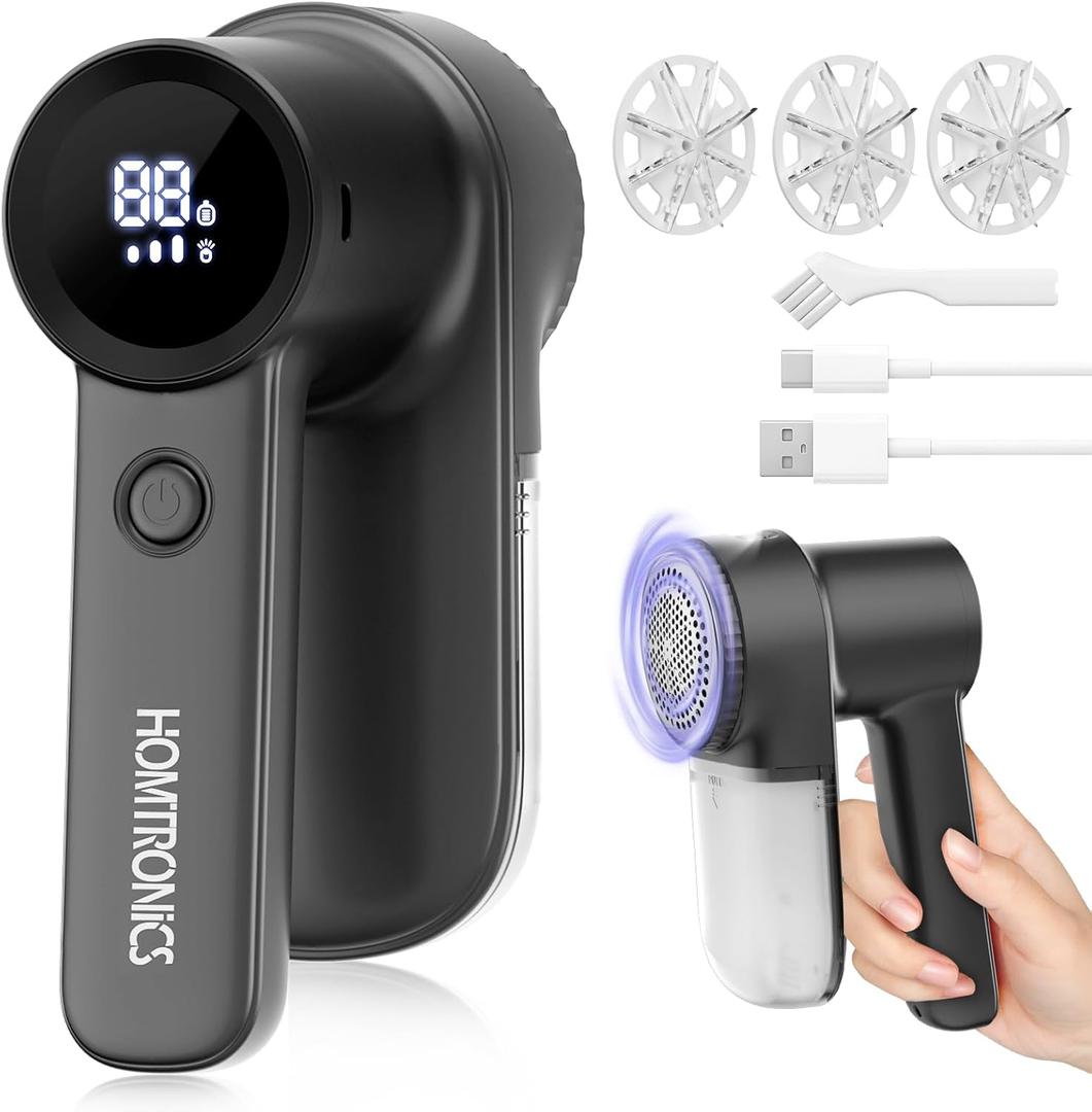 Rechargeable Fabric Shaver Lint Remover : 3-Speeds Sweater Shaver with LED Display & LED Light, Electric Lint Shaver for Clothing & Furniture, 3 Extra Blades, Type-C Fast Charging Port - Black