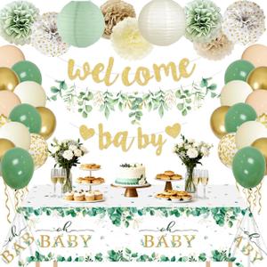 Baby Shower Decorations Sage Green Welcome Baby Sign Banner with Green Balloons Oh Baby Tablecloth Gender Neutral Baby Items Paper Pom Poms Decorations for Gender Reveal Party Supplies