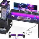 AODK 59 Inch Gaming Desk with USB Charging Ports & LED Light- Reversible Computer Desk with Storage Shelves & Monitor Stand, Modern Gamer Desk Table with Fabric Drawers & Side Hook, Carbon Fiber Black