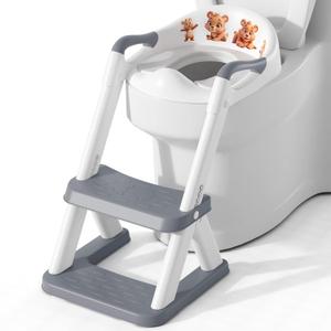 SKYROKU 8868 Potty Training Seat with Step Stool - Adjustable Height, Non-Slip, Splash-Proof, Foldable 2-in-1 Toddler Potty Seat with Armrests and Replaceable Cushion - Fits Most Toilets (Grey) (8868-elegant Grey)