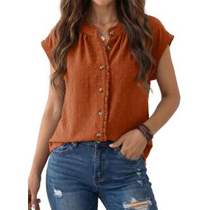 Dokotoo Womens Summer Tops Ruffle Crewneck Short Sleeve Button Down Shirts Boho Chiffon Blouses, Medium