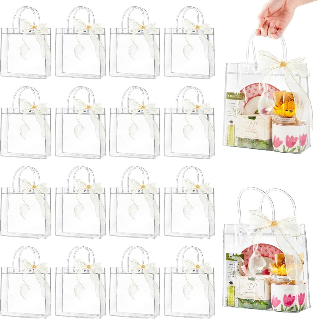 Ohuimrt 24 PCS Clear Plastic Gift Bags with Handles, 7.87 x 7.87 x 3.15 Inches Reusable Party Favor Bags with Ribbon Transparent Gift Wrap Bags Bulk for Weddings Birthdays