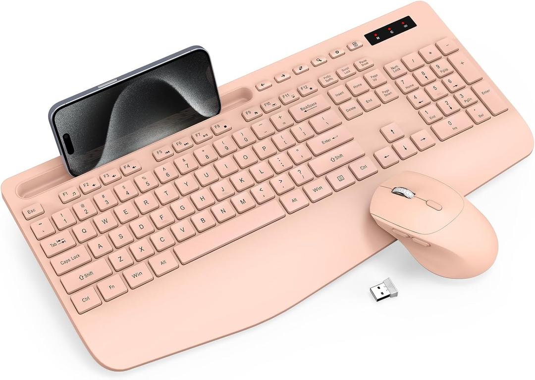 Trueque Wireless Keyboard and Mouse Combo - Full-Sized Ergonomic Keyboard with Wrist Rest, Phone Holder, Sleep Mode, Silent 2.4GHz Cordless Keyboards Mice Set for Computer, Laptop, PC, Windows (Pink) (1 PACK)
