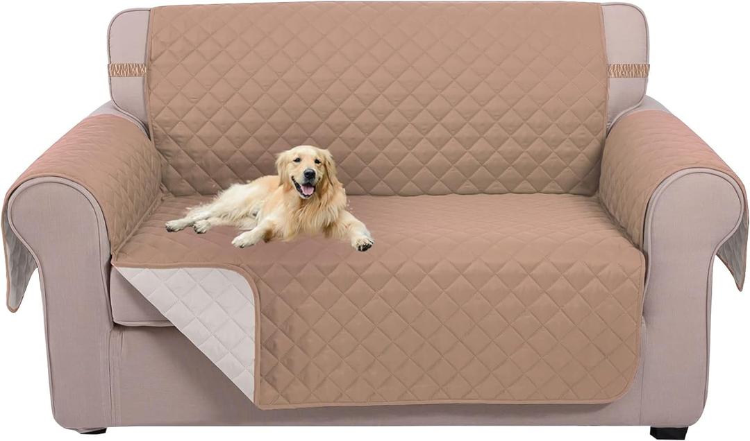 U-NICE HOME Loveseat Sofa Cover Reversible Couch Cover for Dogs with Elastic Straps Water Resistant Furniture Protector for Pets Couch Cover for 2 Cushion Couch (Loveseat, Camel/Ivory)